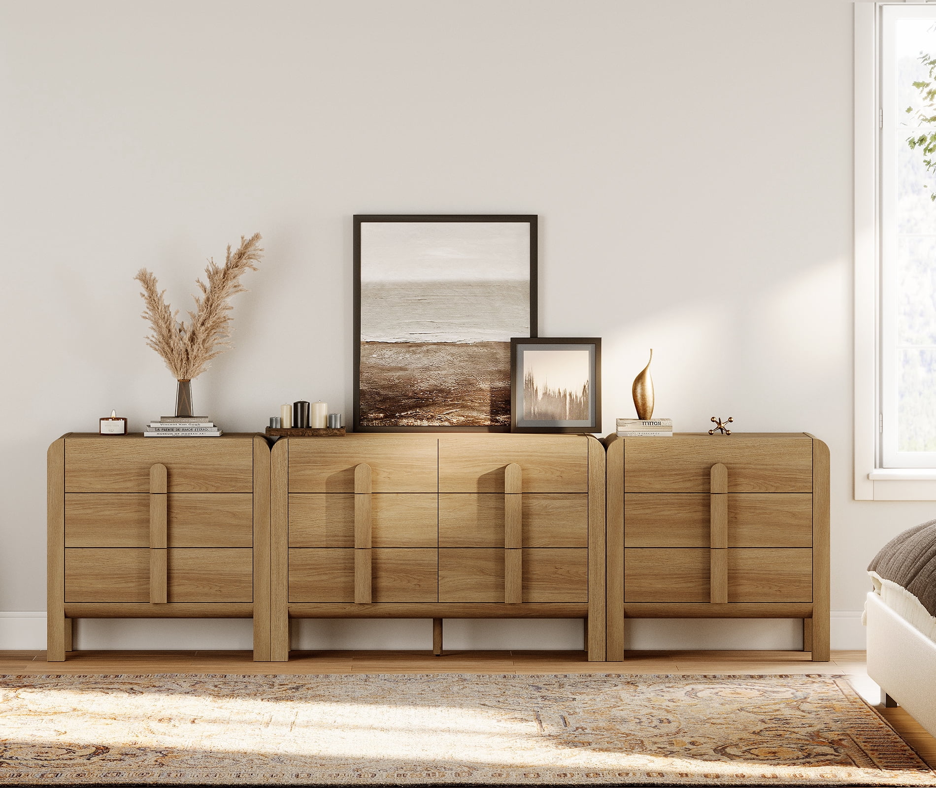 3-Piece Dresser Set for Bedroom, 110.2" Large Mid Century Dresser for Closet, Curved Profile Wooden Chest of Drawers for Bedroom,Living Room