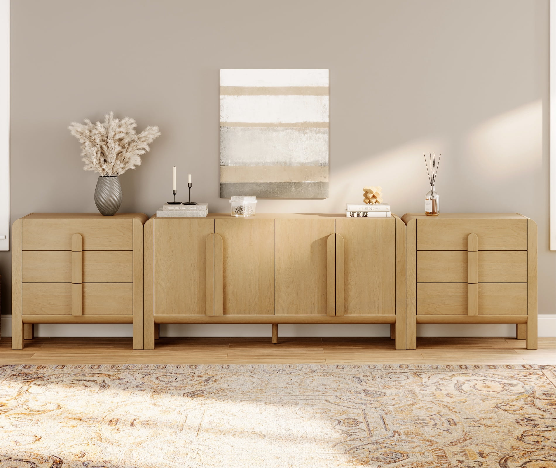 3-Piece Dresser Set for Bedroom, 126" Large Mid Century Dresser for Closet, Curved Profile Wooden Chest of Drawers for Bedroom,Living Room