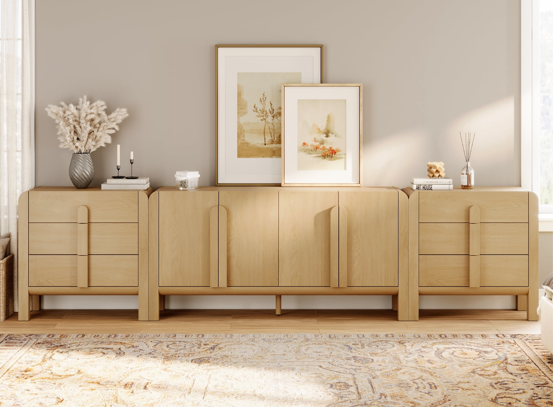 3-Piece Dresser Set for Bedroom, 126" Large Mid Century Dresser for Closet, Curved Profile Wooden Chest of Drawers for Bedroom,Living Room