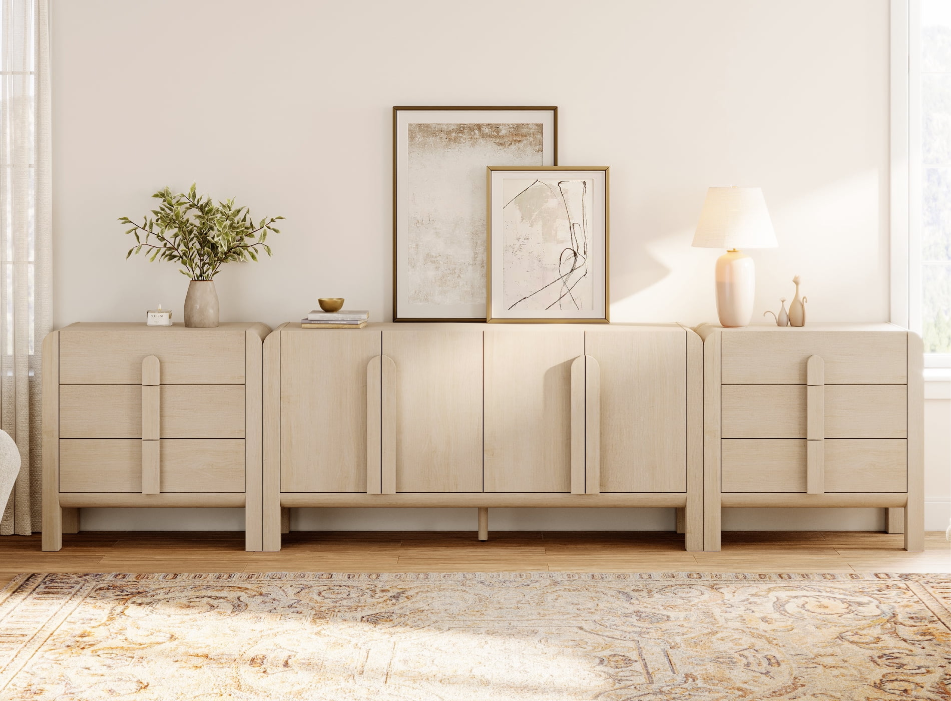 3-Piece Dresser Set for Bedroom, 126" Large Mid Century Dresser for Closet, Curved Profile Wooden Chest of Drawers for Bedroom,Living Room