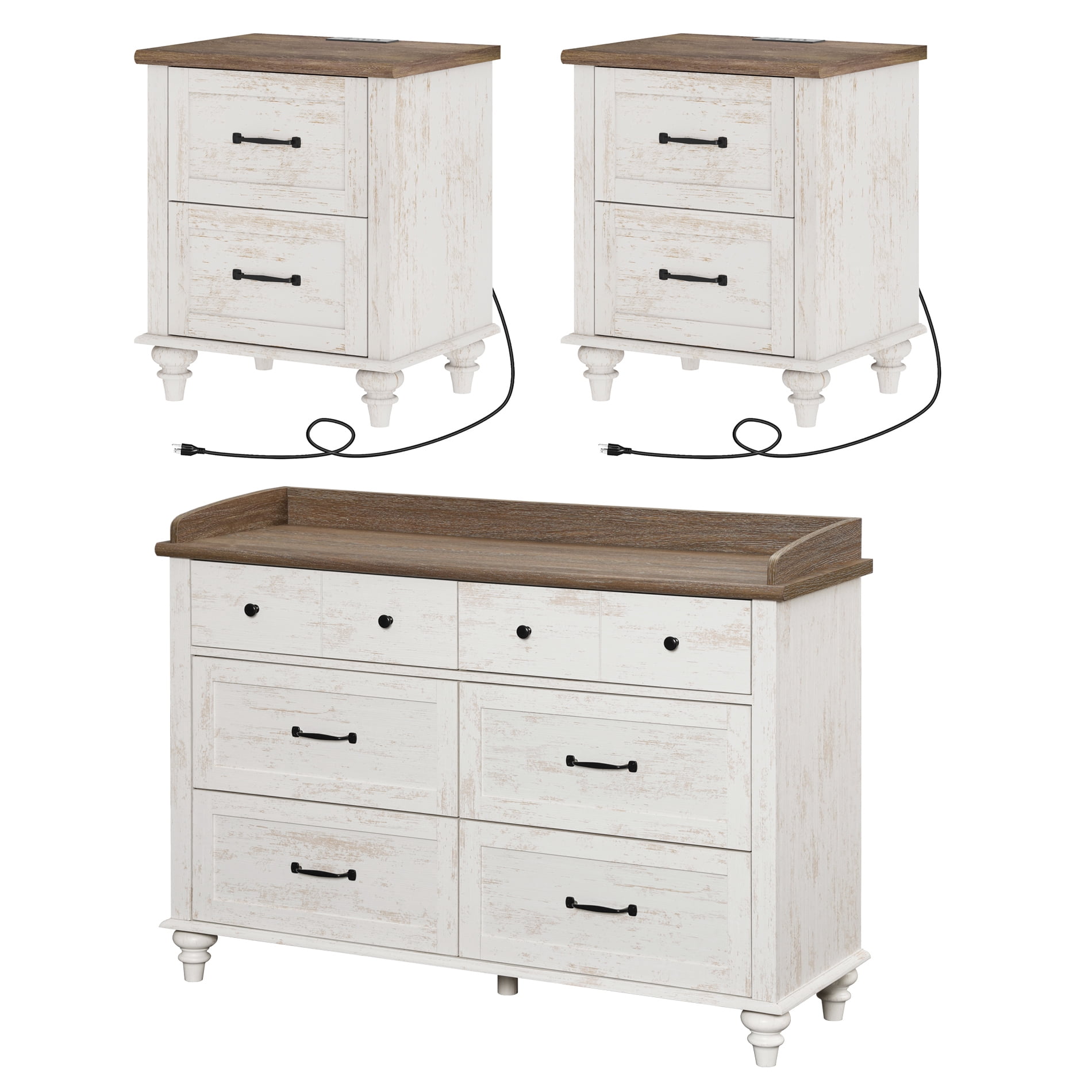 3 Piece Dresser and Nightstand Sets, Farmhouse Dresser with 6 Drawers, Set of 2 Night Stands with Charging Staion, 3 Piece Bedroom Set, Antique White