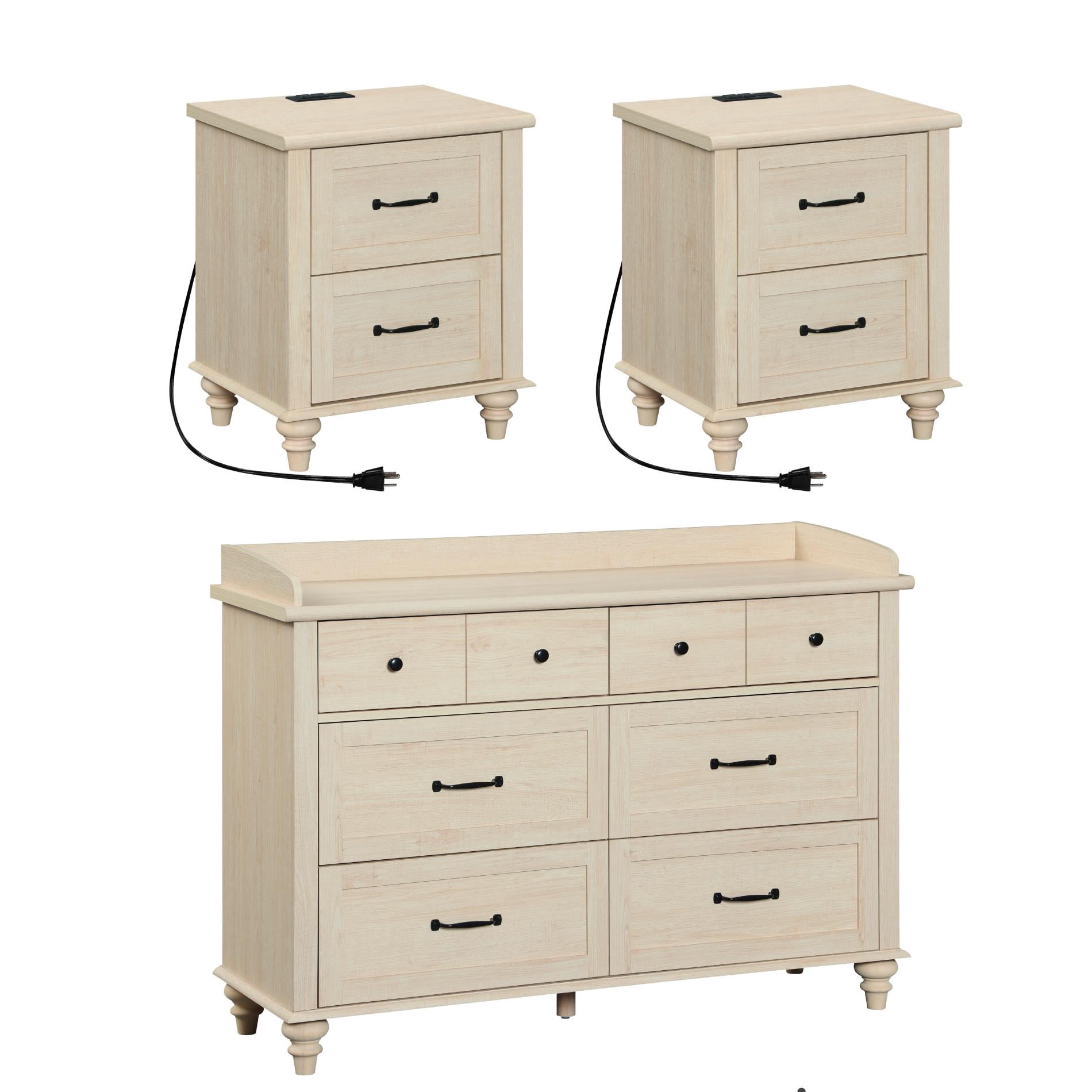 3 Piece Dresser and Nightstand Sets, Farmhouse Dresser with 6 Drawers, Set of 2 Night Stands with Charging Staion, 3 Piece Bedroom Set, Beige
