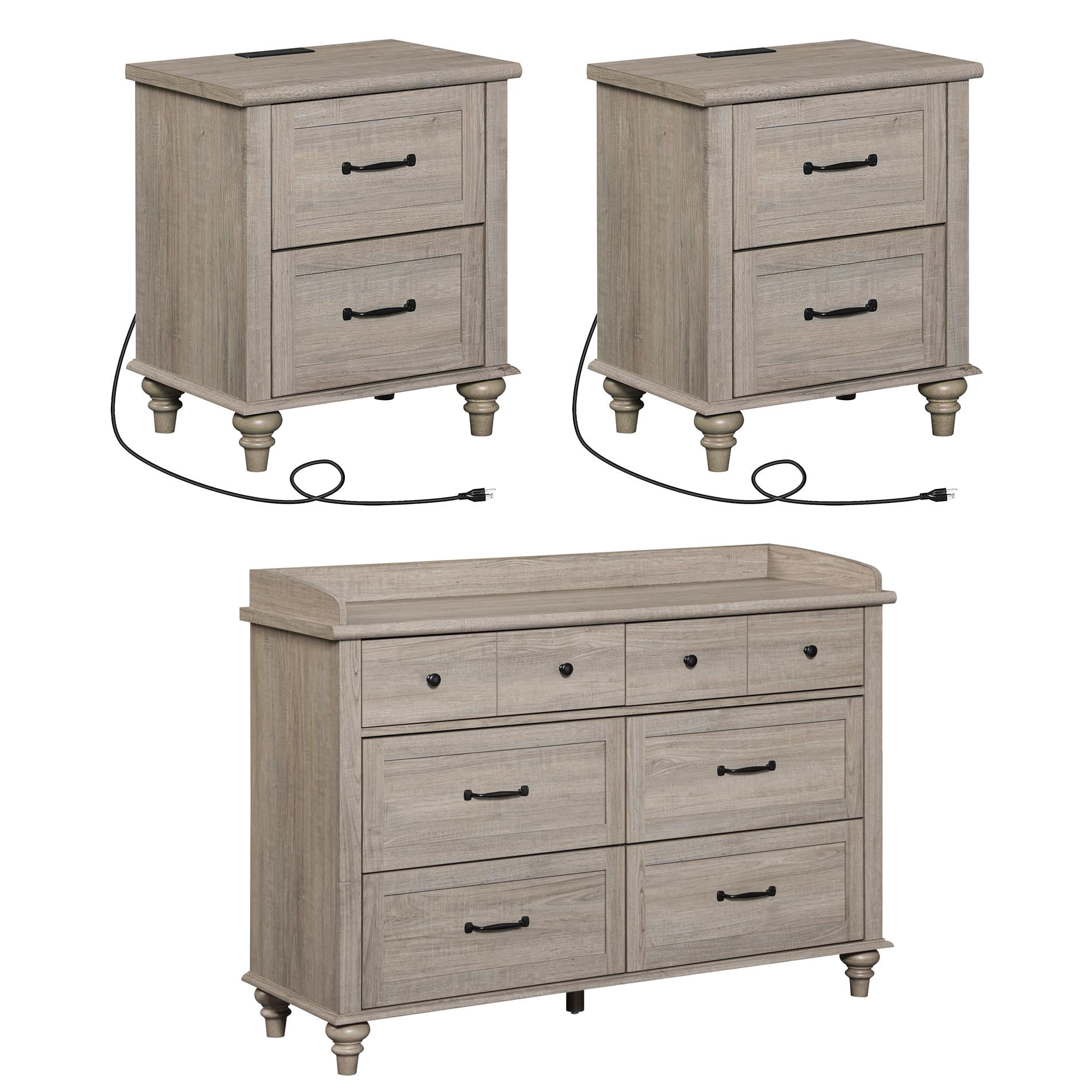 3 Piece Dresser and Nightstand Sets, Farmhouse Dresser with 6 Drawers, Set of 2 Night Stands with Charging Staion, 3 Piece Bedroom Set, Grey