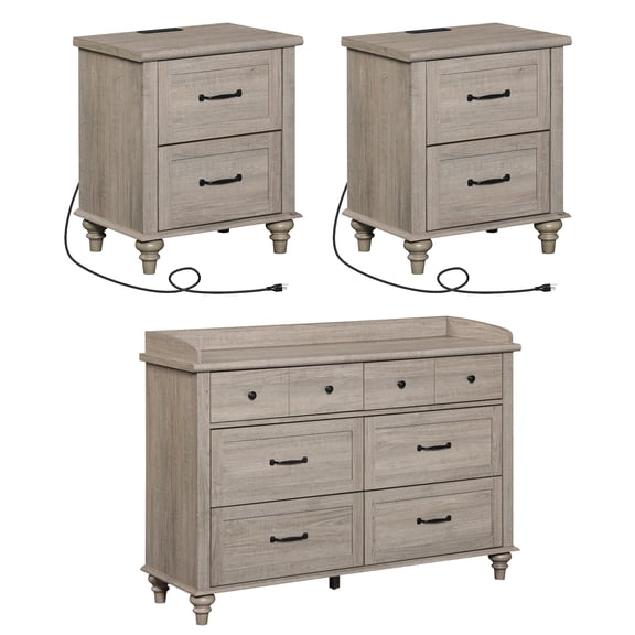3 Piece Dresser and Nightstand Sets, Farmhouse Dresser with 6 Drawers, Set of 2 Night Stands with Charging Staion, 3 Piece Bedroom Set, Grey