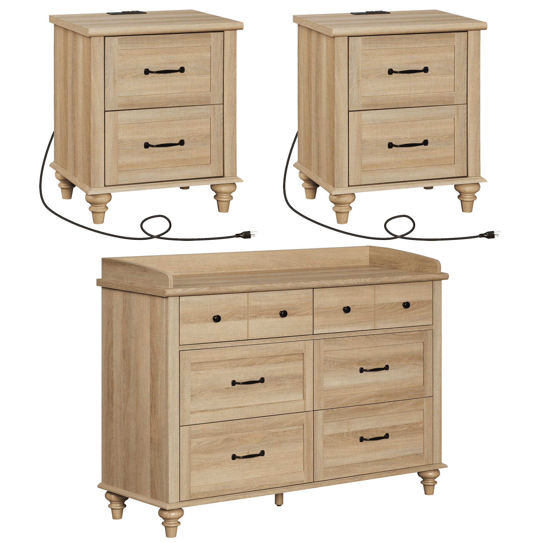 3 Piece Dresser and Nightstand Sets, Farmhouse Dresser with 6 Drawers, Set of 2 Night Stands with Charging Staion, 3 Piece Bedroom Set, Oak