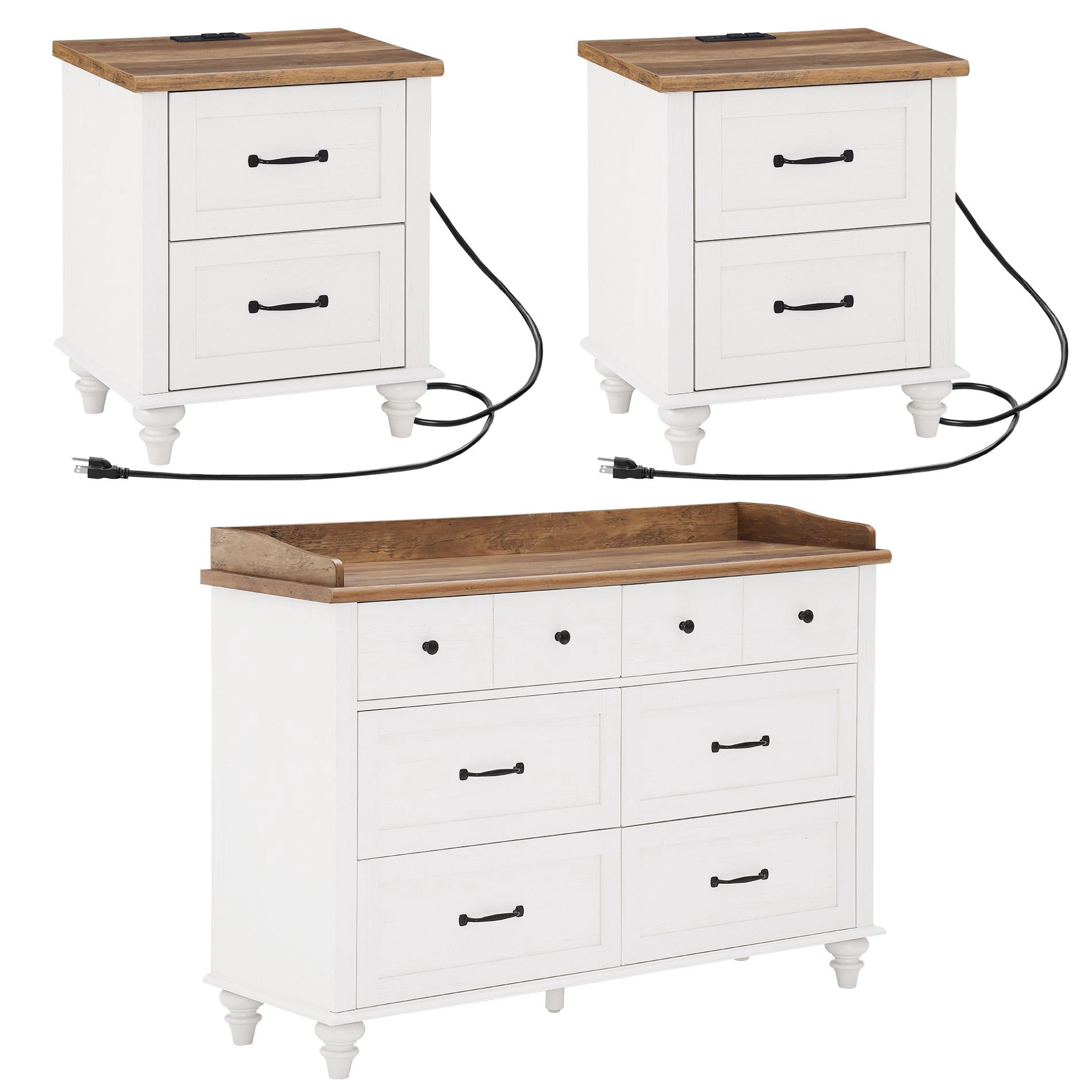 3 Piece Dresser and Nightstand Sets, Farmhouse Dresser with 6 Drawers, Set of 2 Night Stands with Charging Staion, 3 Piece Bedroom Set, Off White