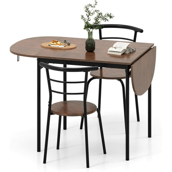 3-Piece Drop Leaf Dining Table Set, Extendable Kitchen Breakfast Table with 2 Chairs, Space Saving Folding Dining Room Set for Home Kitchen, Apartment, Small Space, Rustic Brown