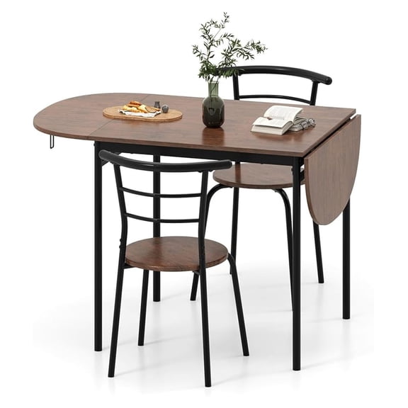3-Piece Drop Leaf Dining Table Set, Extendable Kitchen Breakfast Table with 2 Chairs, Space Saving Folding Dining Room Set for Home Kitchen, Apartment, Small Space, Rustic Brown