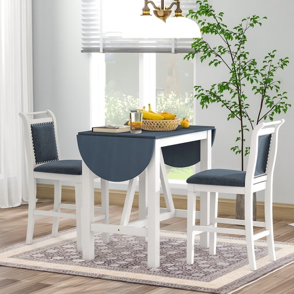 3-Piece Drop Leaf Dining Table Set with 2 Upholstered Chairs, Extendable Kitchen Table for Small Spaces, Farmhouse Counter Height Dinette Set