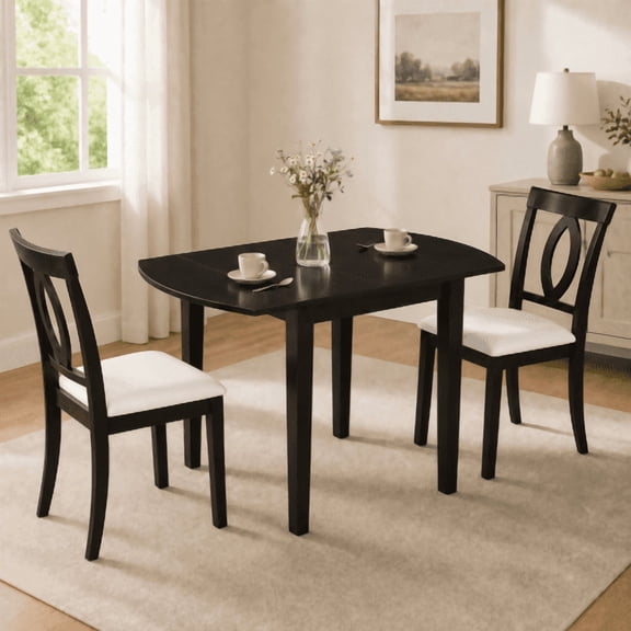 3-Piece Drop Leaf Wood Dining Table Set with 2 Upholstered Chairs, Folding Extendable Table for Small Spaces and Apartments, Dark Brown and Beige