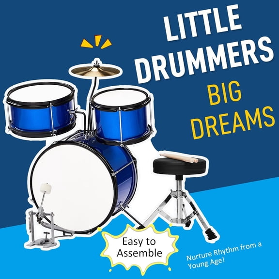 3-Piece Drum Set, 14 Inch Beginners Drums Kit with Throne Stool, Pedal & 2 Pairs of Drumsticks, Junior Drums Set Musical Instruments W/Cymbal, Tom, and Snare Drum (Dark Blue)