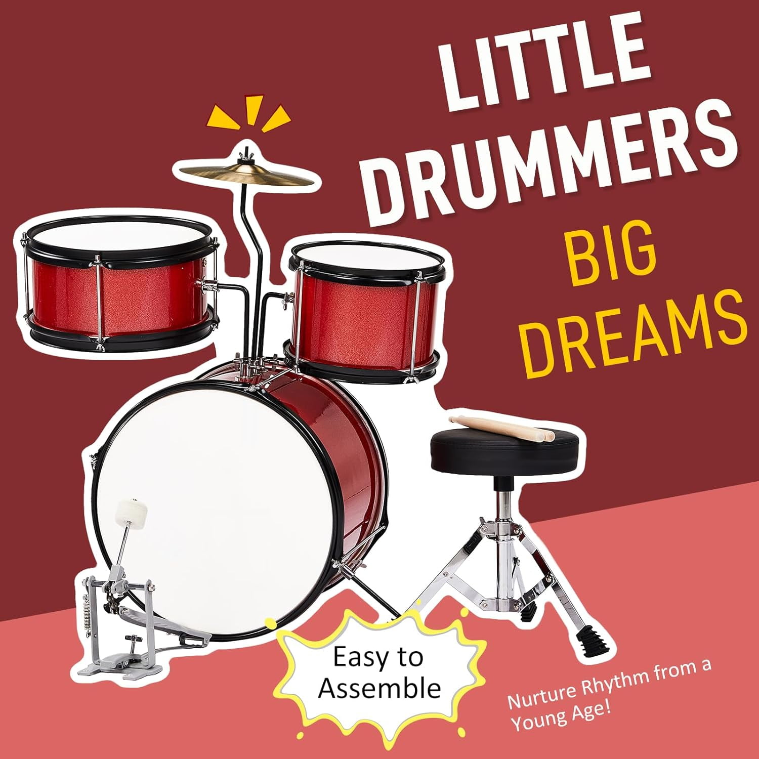 3-Piece Drum Set, 14 Inch Beginners Drums Kit with Throne Stool, Pedal & 2 Pairs of Drumsticks, Junior Drums Set Musical Instruments W/Cymbal, Tom, and Snare Drum (Red)