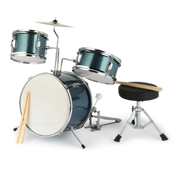 3-Piece Drum Set 14 inch,Junior Kids Drum Set Kit with Drum Stool, Cymbal, Pedal & Drumsticks,Metallic Black