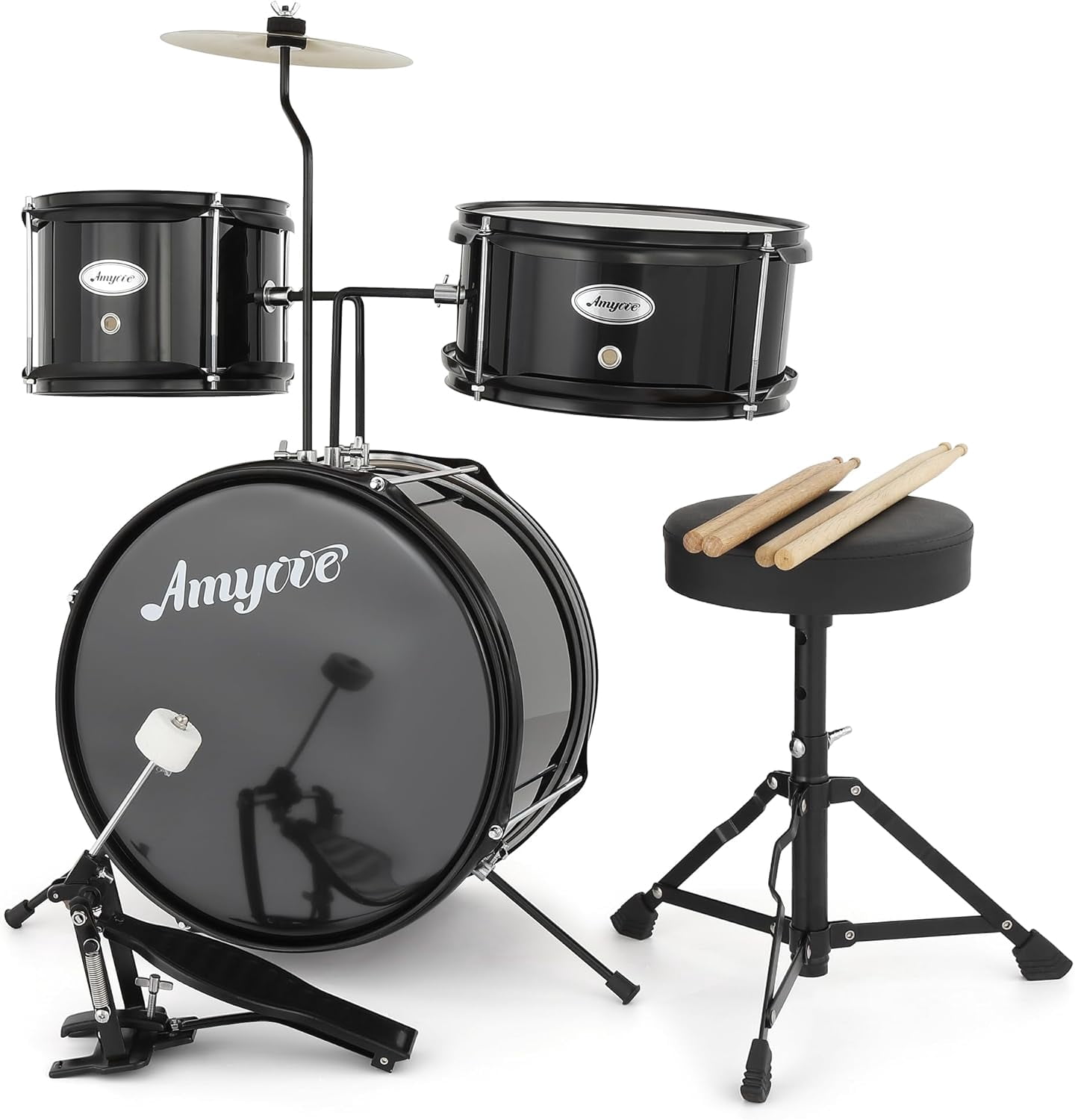 3-Piece Drum Set, Wood & Metal Construction, Includes Bass Drum, 2 Toms, Cymbal, Sticks, Bass Pedal & Stool, Complete Beginner Percussion Kit, Dark Black