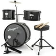 thumbnail image 1 of 3-Piece Drum Set, Wood & Metal Construction, Includes Bass Drum, 2 Toms, Cymbal, Sticks, Bass Pedal & Stool, Complete Beginner Percussion Kit, Dark Black, 1 of 8