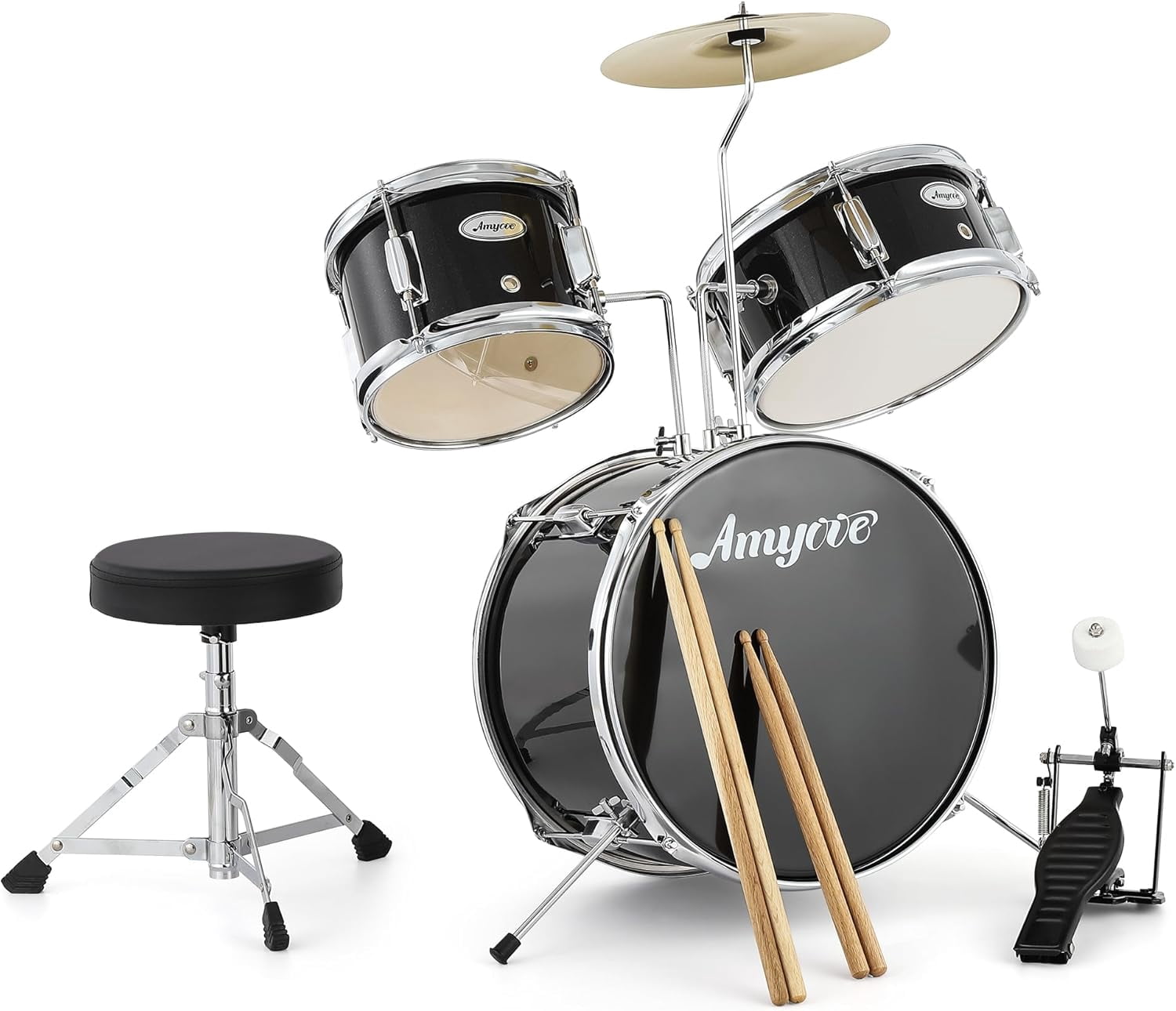 3-Piece Drum Set with Cymbal, Tom, Bass Drum, Drumsticks, Bass Pedal & Stool, Beginner Percussion Kit, Black