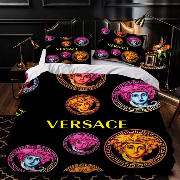 3-Piece Duvet Cover Set - Black Bedspread with Vibrant & Greek Key Design Luxurious Bedroom Decor