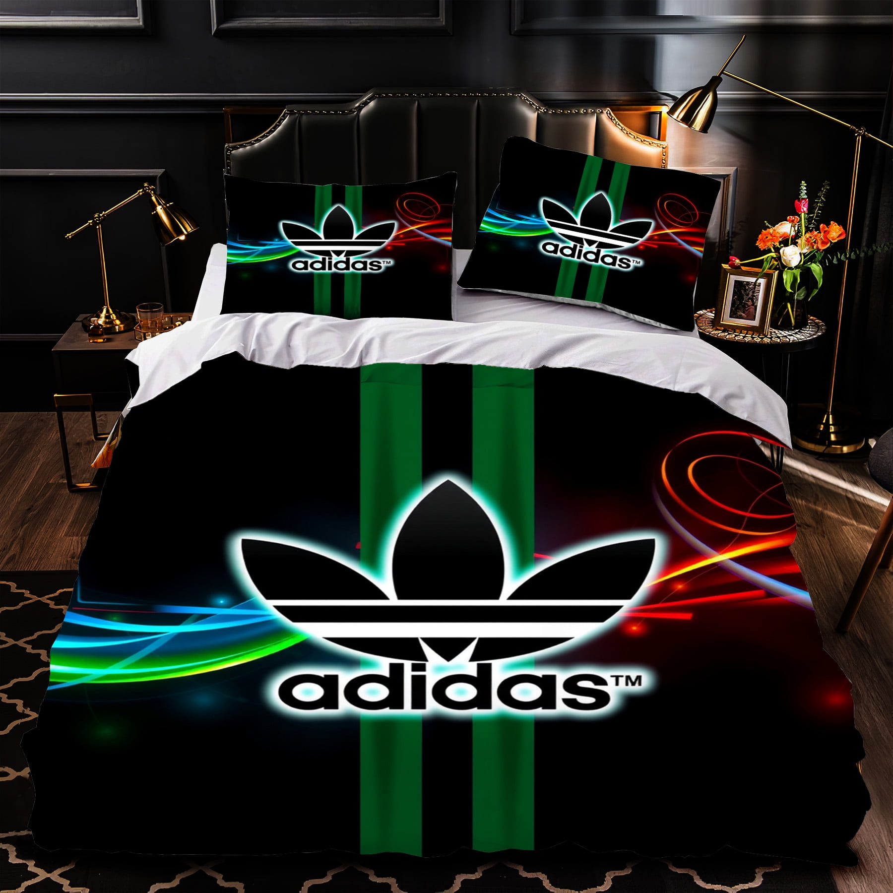 3Piece Duvet Cover Set Black & Dark Green with Streaks Modern