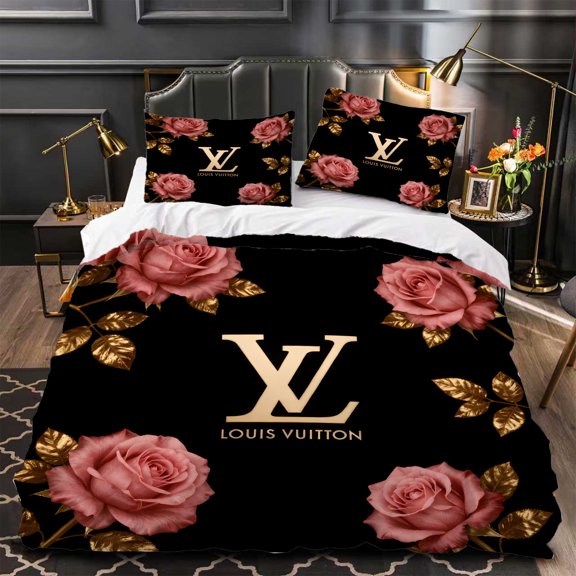 3-Piece Duvet Cover Set Black & Gold with Large Pink Roses Modern Floral Design Elegant Bedroom Decor