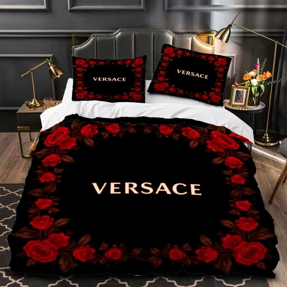 3-Piece Duvet Cover Set - Black & Gold with Red Roses Elegant Modern Design for Luxurious Bedroom Decor