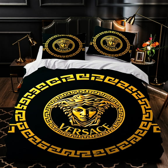 3-Piece Duvet Cover Set - Black and Gold Bedding with Iconic Design