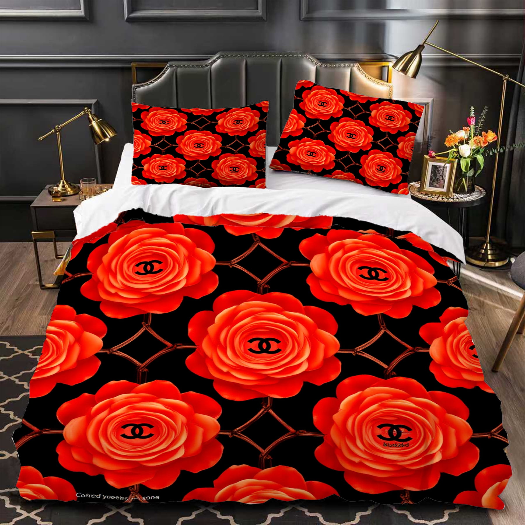 3-Piece Duvet Cover Set - Bold Floral Design with Vibrant Red Roses on ...