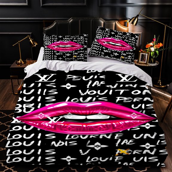 3-Piece Duvet Cover Set - Bold Pink Lips & Print Black & White Modern Design Stylish Bedroom Decor