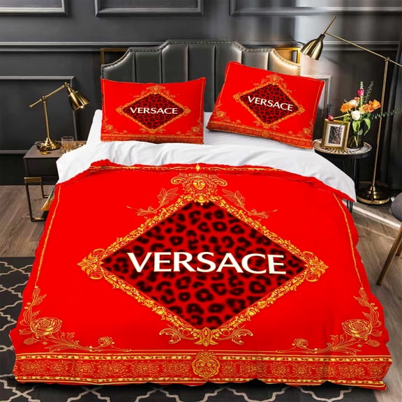 3-Piece Duvet Cover Set - Bold Red & Gold with Print Diamond Design Elegant Bedding