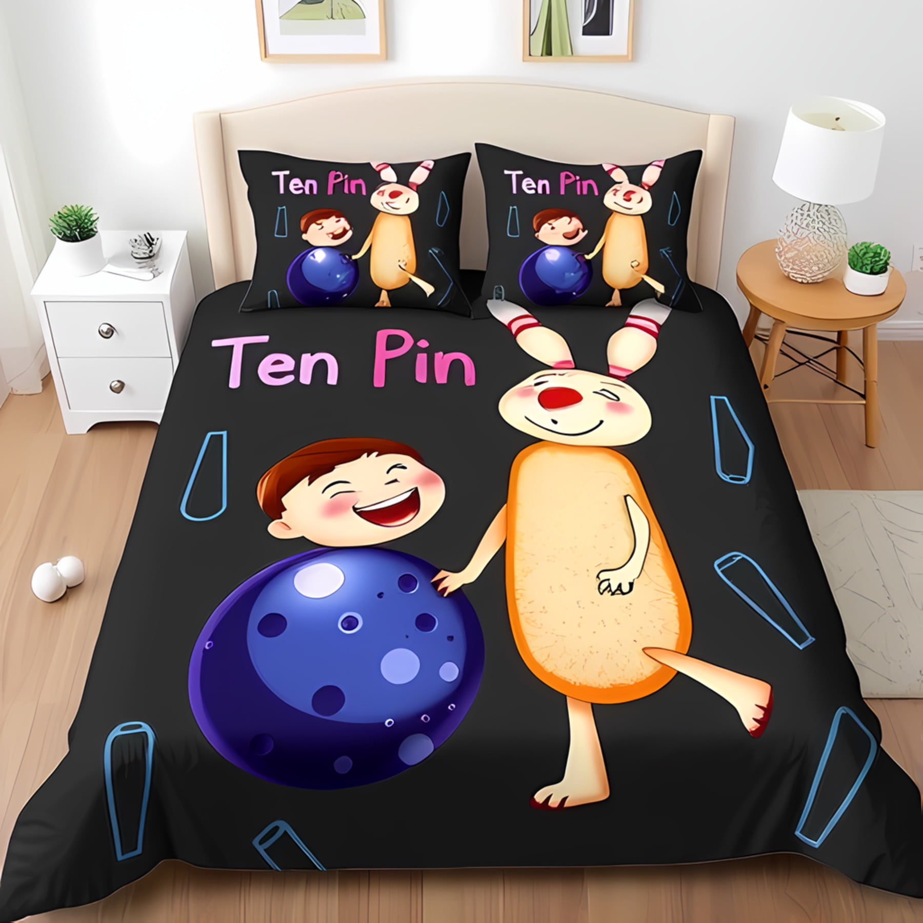 3-Piece Duvet Cover Set - Cheerful Bowling Theme with Cartoon Boy ...