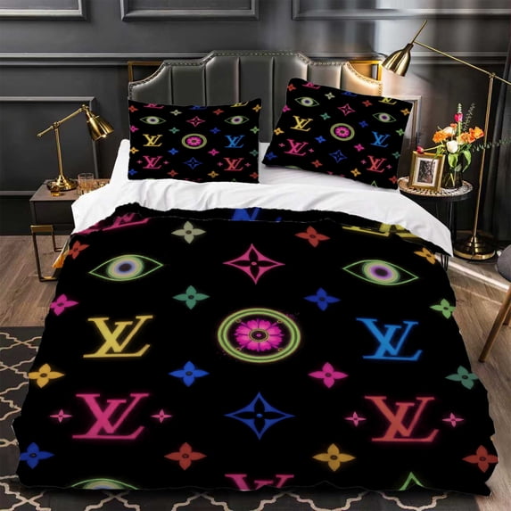 3-Piece Duvet Cover Set Colorful Eye & Flower Pattern with Modern Black ...