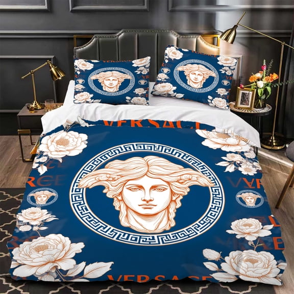 3-Piece Duvet Cover Set - Dark Blue Floral & Geometric Pattern with White & Orange Accents Modern Bedding for Contemporary Bedrooms