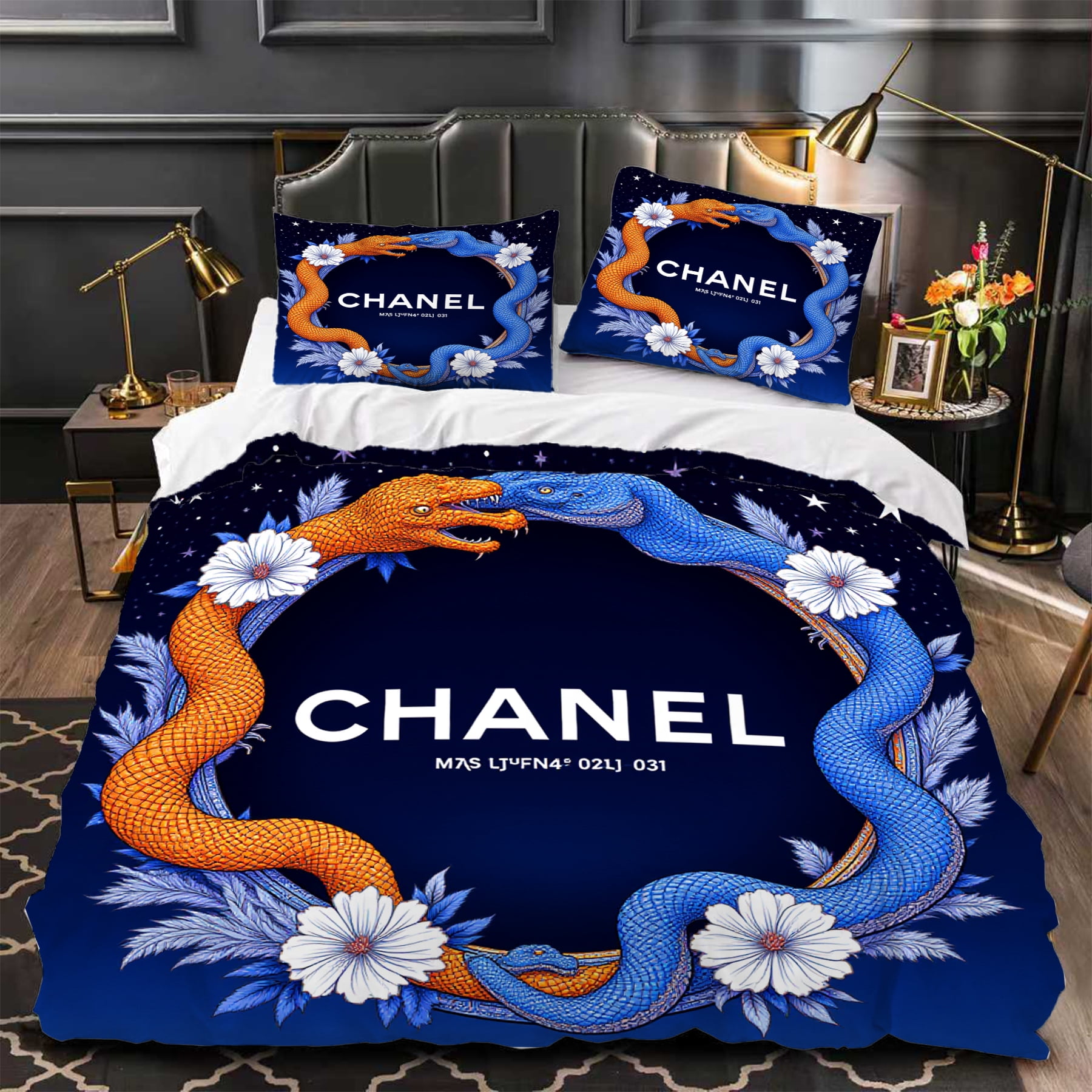 3-Piece Duvet Cover Set - Dark Blue with Intertwined Orange & Blue ...