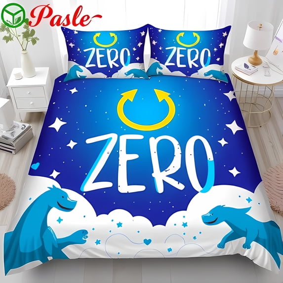 3-Piece Duvet Cover Set - Deep Blue Night Sky with Playful 'ZERO' Motif Cartoonish Dragons & Soft White Clouds
