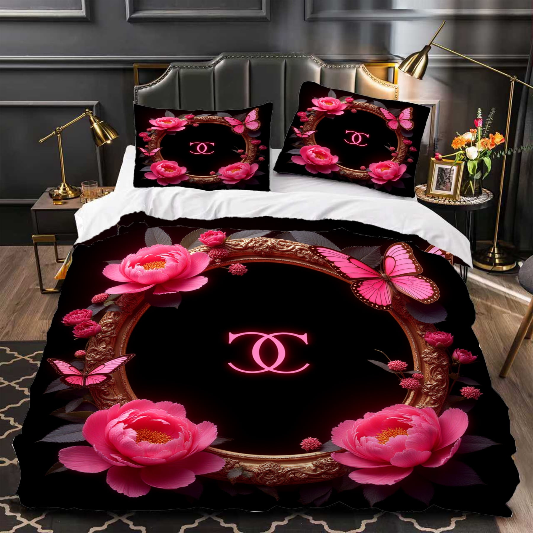 3-Piece Duvet Cover Set - Elegant Black & Pink Floral Design with Peony ...