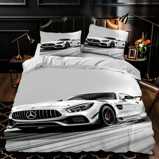 3Piece Duvet Cover Set Featuring Sleek Car Design in Black and White