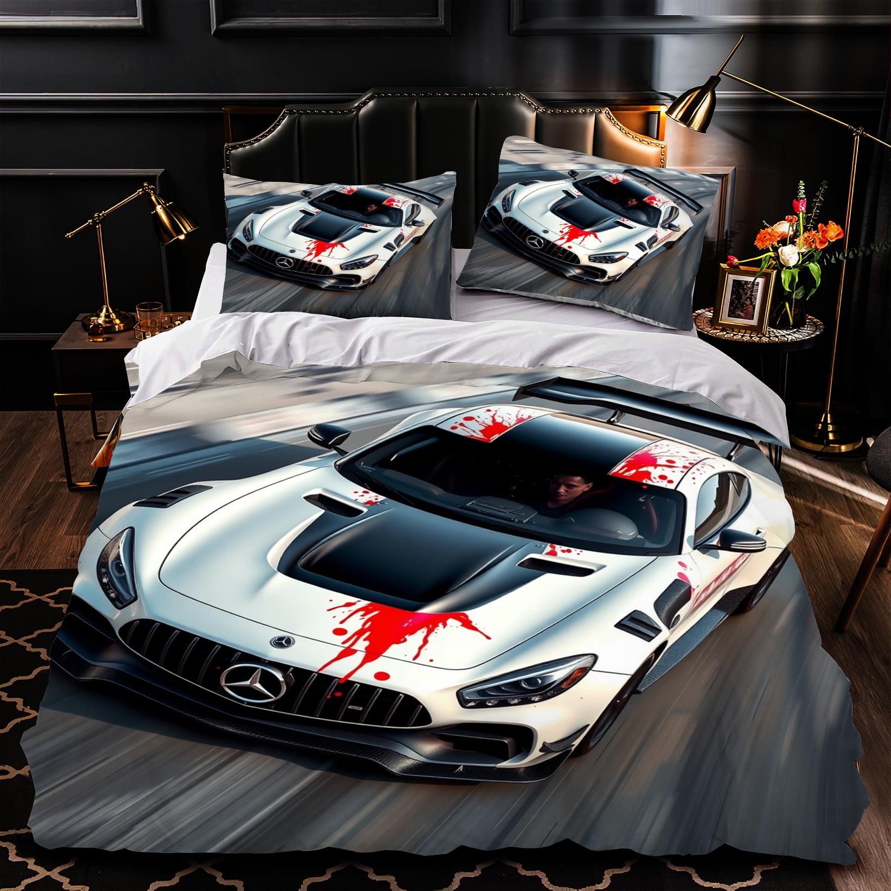 3 Piece Duvet Cover Set Featuring Striking White Design with Red 3 Piece Duvet Cover Set Featuring Striking White Design with Red