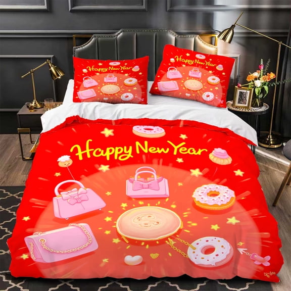 3-Piece Duvet Cover Set - Festive Red Bedding with Happy New Year Design Featuring Pink s Cupcakes & Golden Stars
