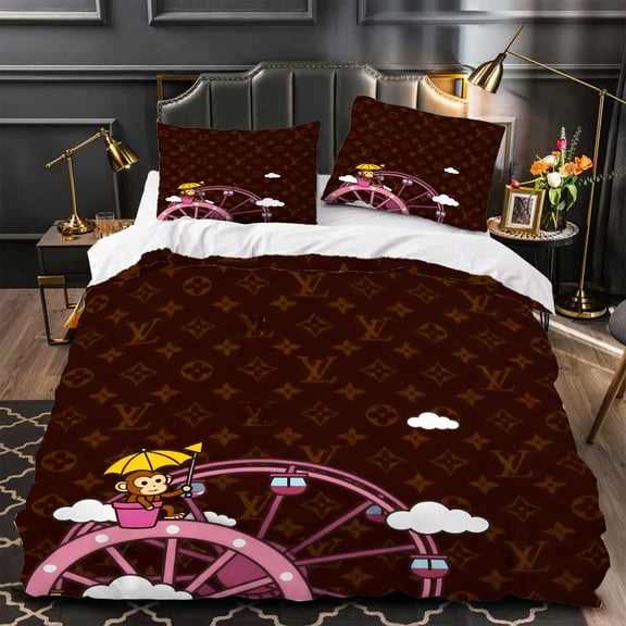 3-Piece Duvet Cover Set Fun Monkey on Pink Ferris Wheel Design with Clouds Monogrammed Pattern Matching Pillows Modern Style