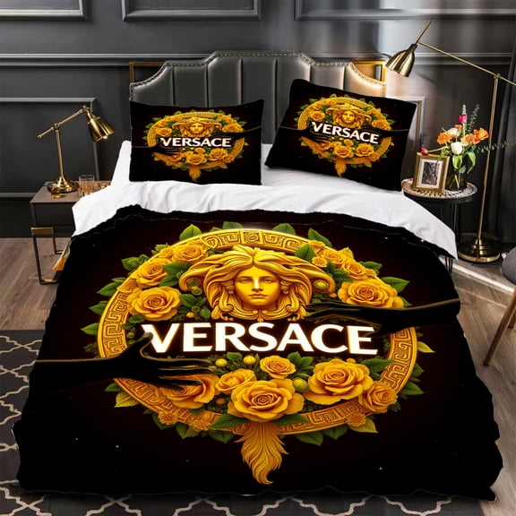 3-Piece Duvet Cover Set - Gold - Haired Figure & Roses Design Luxurious Black & Gold Bedding for Modern Bedrooms