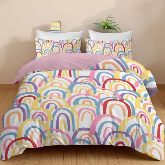 3-Piece Duvet Cover Set Layered Rainbow Stripe Microfiber Bedding with Zipper Closure, King Size, Multicolor