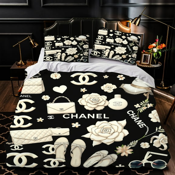 3-Piece Duvet Cover Set - Luxurious Black Bedspread with Perfume & Floral Design Elegant Bedroom Decor