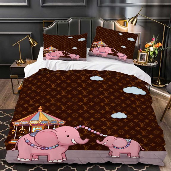 3-Piece Duvet Cover Set Luxurious Brown Pattern with Cartoon Elephants & Carousel Pink Accents Perfect for Cozy Bedrooms