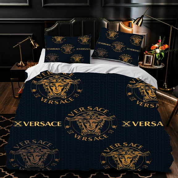 3-Piece Duvet Cover Set - Luxurious Dark Blue Bedspread with Gold Pattern Elegant Bedroom Decor