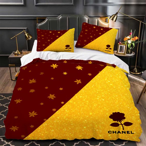 3-Piece Duvet Cover Set - Maroon & Yellow Floral & Star Pattern Modern Design Includes 2 Pillows Perfect for Stylish Bedrooms