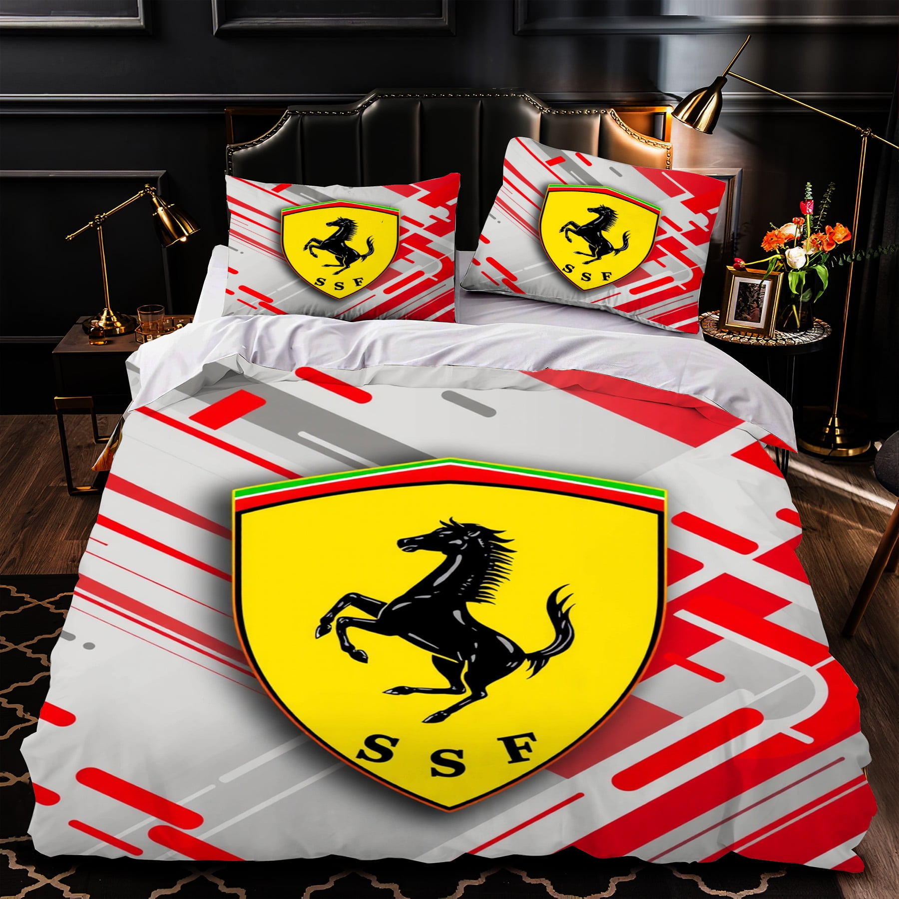 3Piece Duvet Cover Set Modern Bedding with Elegant Black Headboard