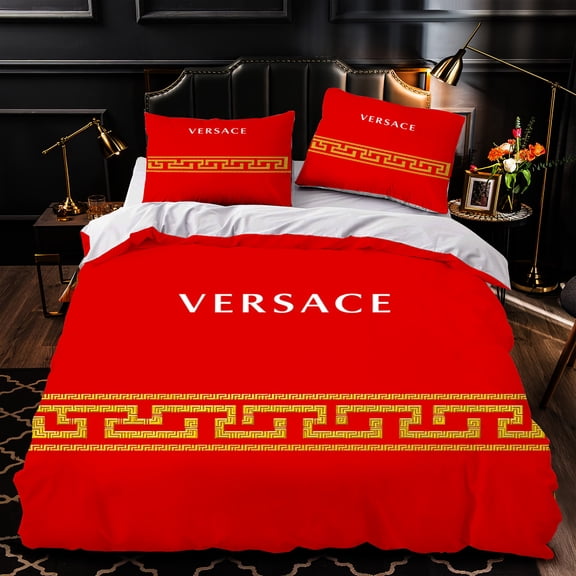 3-Piece Duvet Cover Set - Red Comforter with Gold Geometric Pattern & White Includes 2 Matching Pillows
