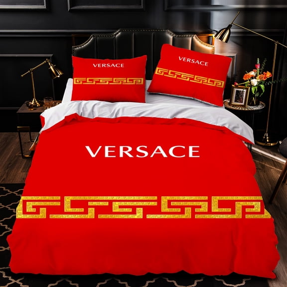 3-Piece Duvet Cover Set - Red Gold Greek Key Pattern Luxurious Bedding for Modern Bedrooms