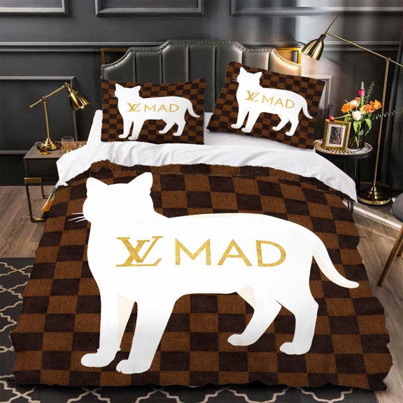 3-Piece Duvet Cover Set Stylish Brown & Black Checkered Pattern with White Cat Silhouettes & ' Ψ MAD ' Text Matching Pillows Included