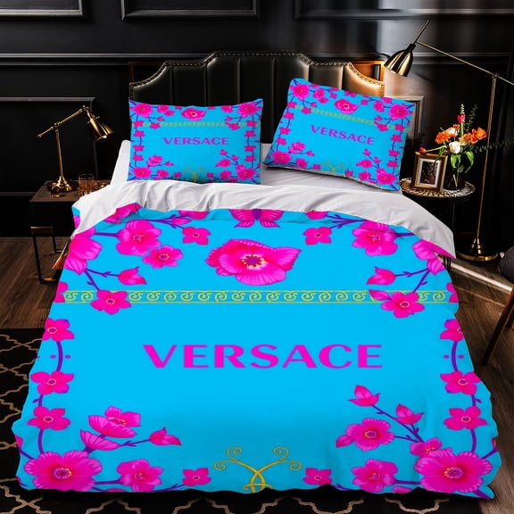 3-Piece Duvet Cover Set - Vibrant Blue Floral Design with Pink Accents Elegant Bedding for Luxurious Bedrooms