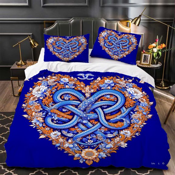 3-Piece Duvet Cover Set - Vibrant Blue Floral & Serpent Design with Heart-Shaped Pillows Modern Aesthetic for Stylish Bedrooms